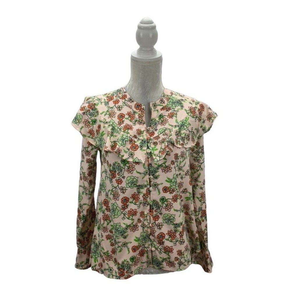 Red Camel Floral Flounced Blouse‎ Flared Sleeve S